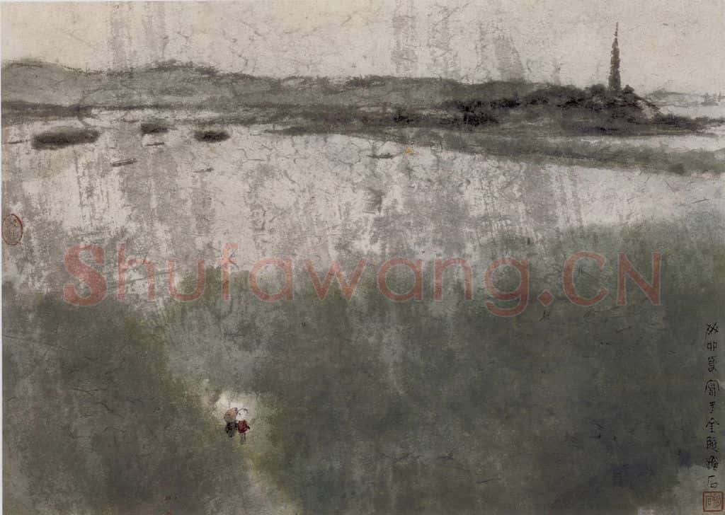 1963年 傅抱石《春雨西湖》书画作品