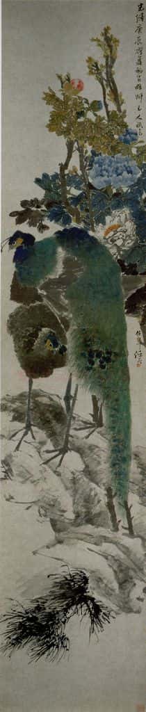 清代 任颐《牡丹孔雀》书画作品