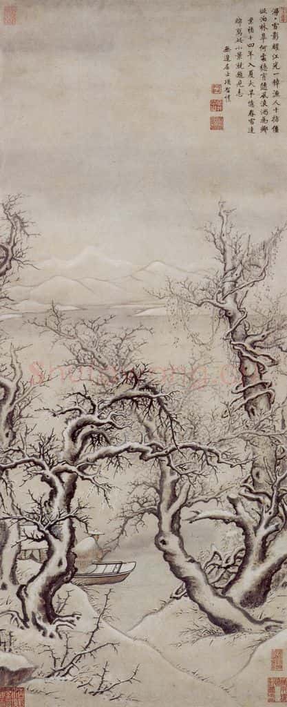 明 项圣谟《雪影渔人图轴》书画作品