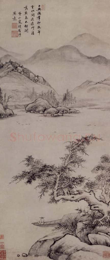 明 项圣谟《清溪垂钓图轴》书画作品