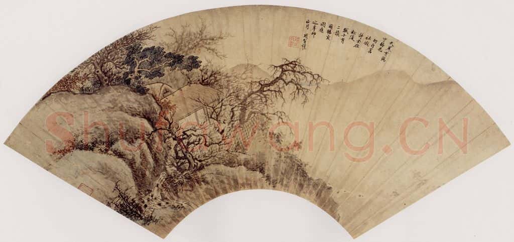 明 项圣谟《天寒有鹤守梅花图扇》书画作品