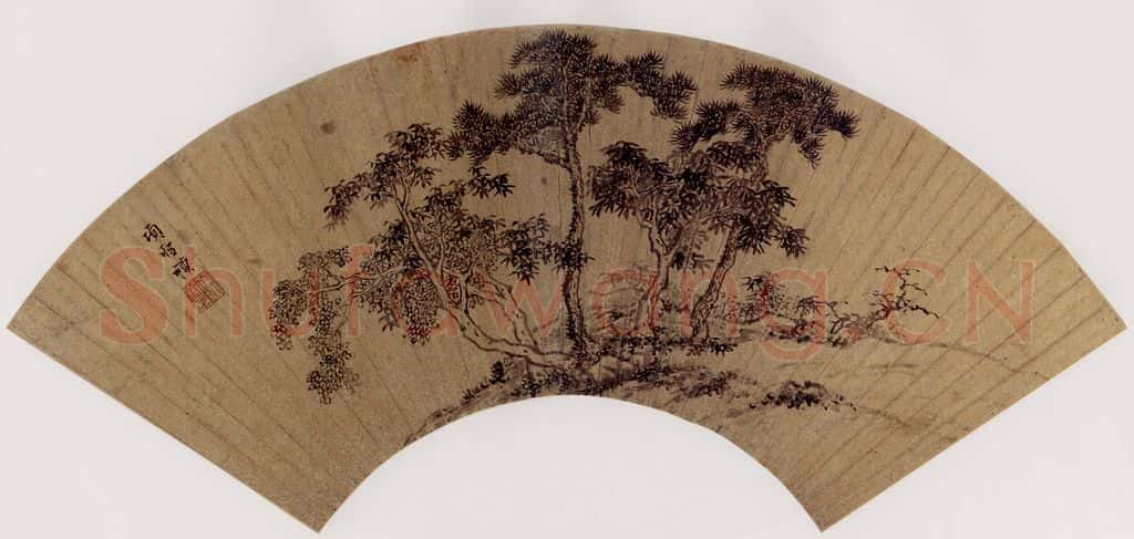 明 项圣谟《五树图扇》书画作品
