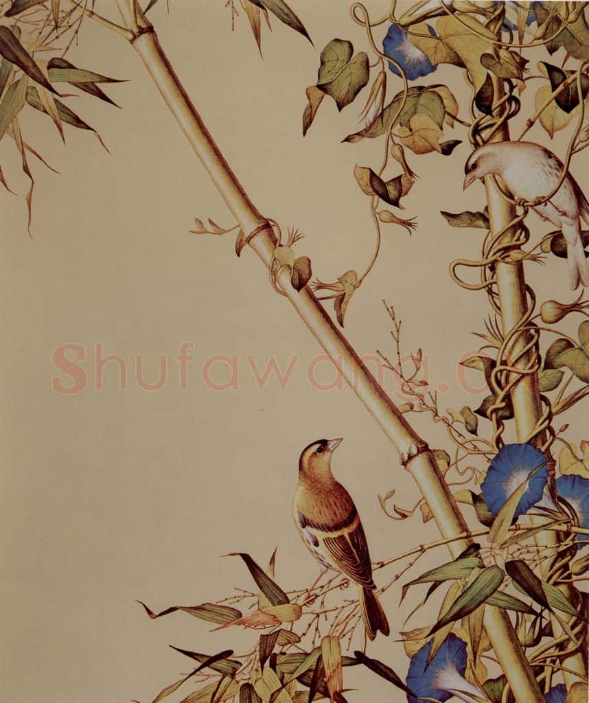 清 朗世宁《仙萼长春图——翠竹牵牛》书画作品