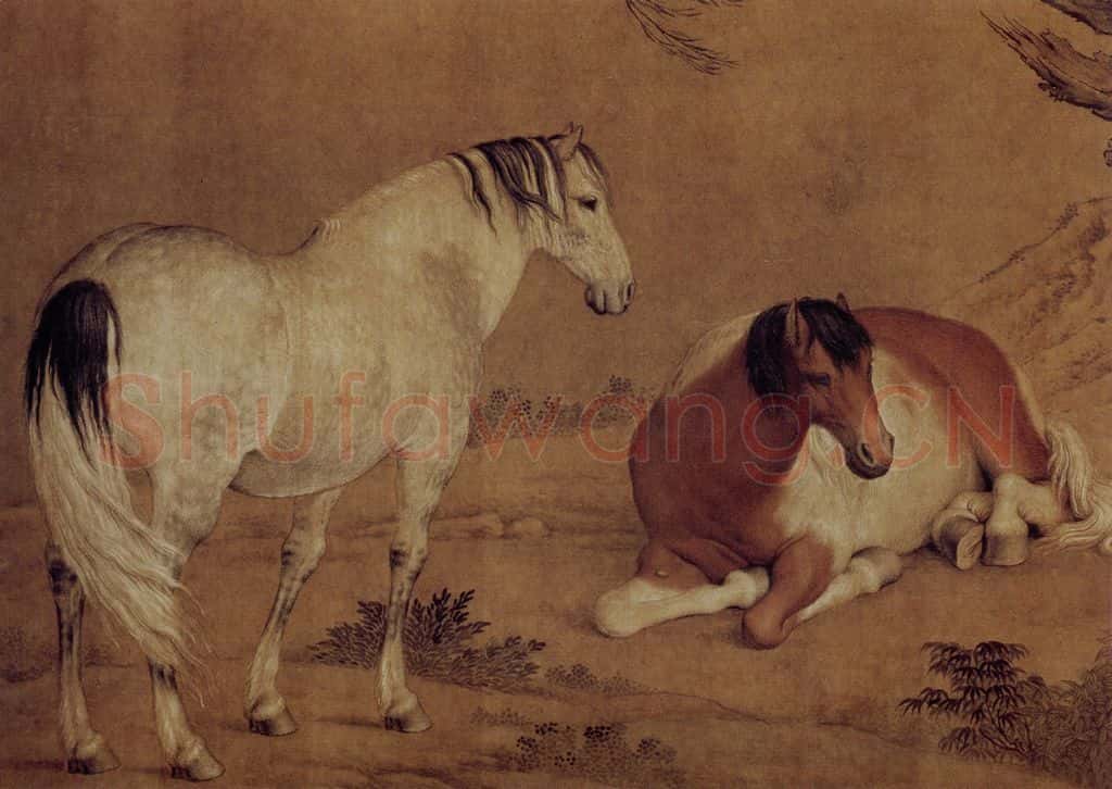 清 朗世宁《柳荫双骏图》书画作品