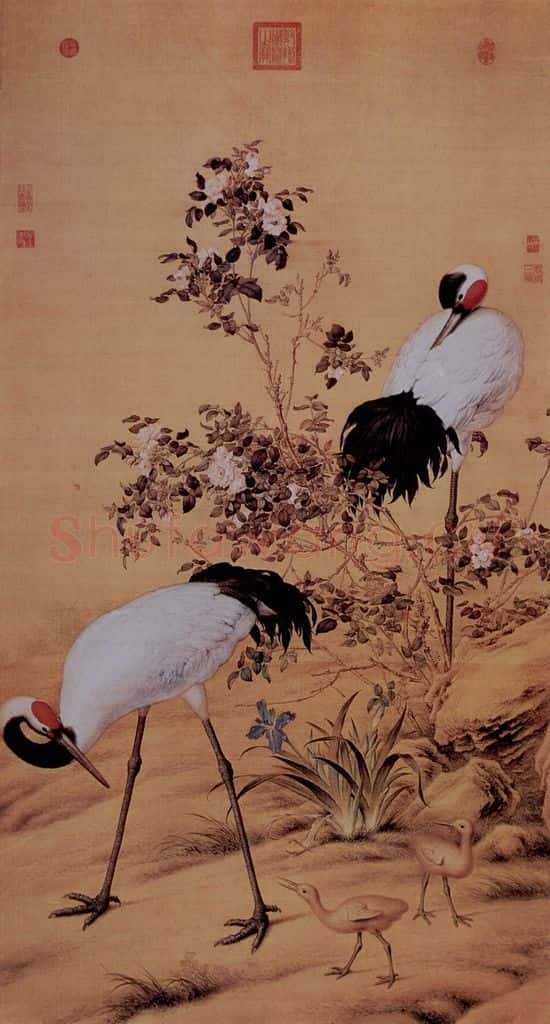 清 朗世宁《花阴双鹤图》书画作品