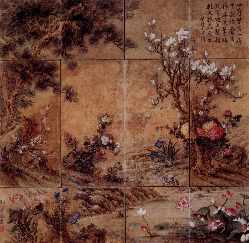 清 朗世宁《四季花卉》书画作品