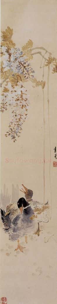 1930 张聿光 紫藤群鸭 书画作品
