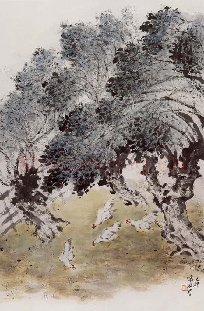 1999年 袁晓岑《傣寨篱落》书画作品