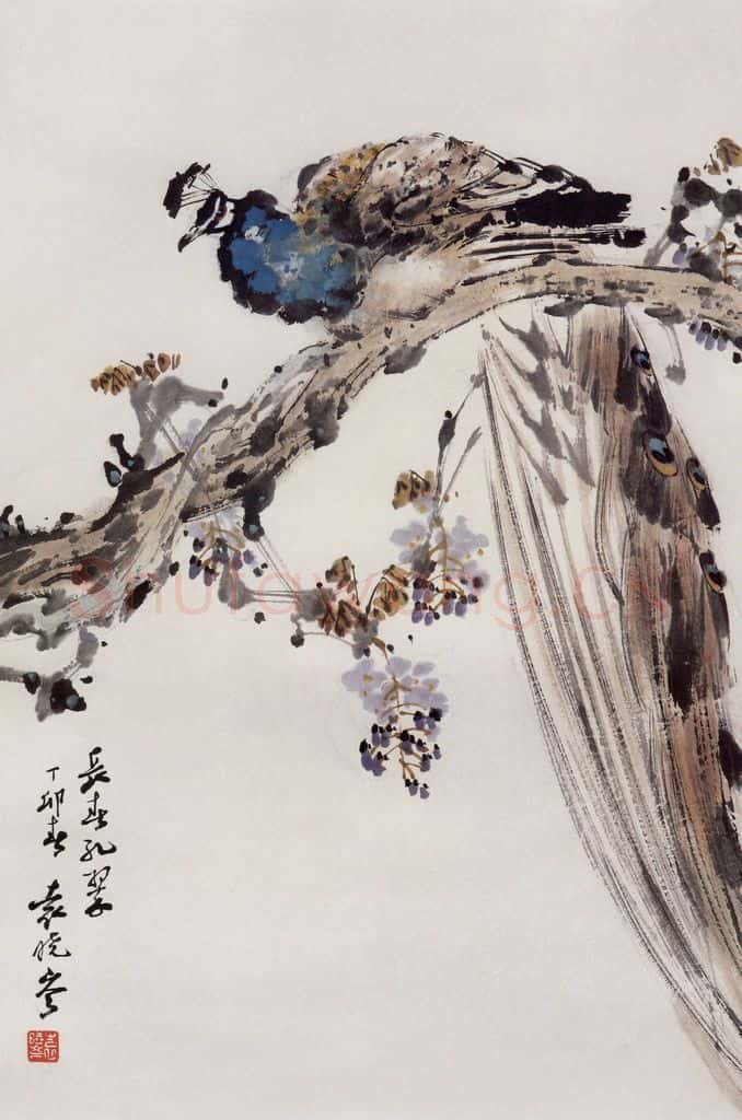 1987年 袁晓岑《长春孔翠》书画作品