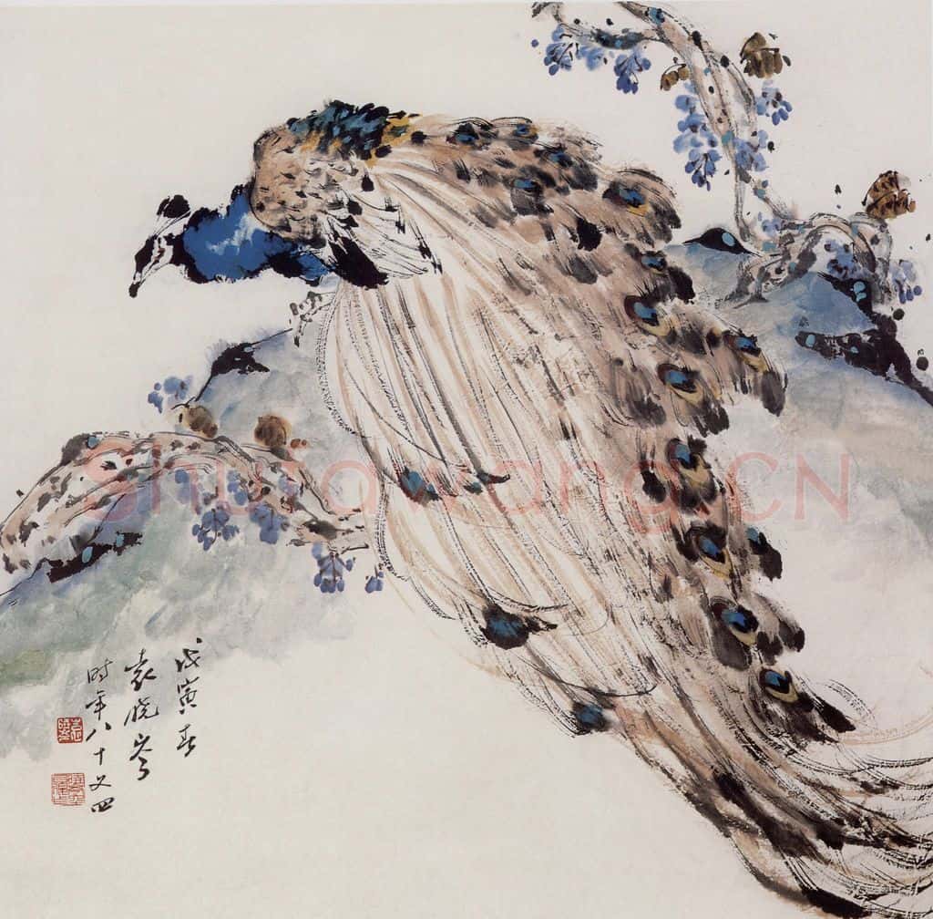 1998年 袁晓岑《翠羽紫云》书画作品