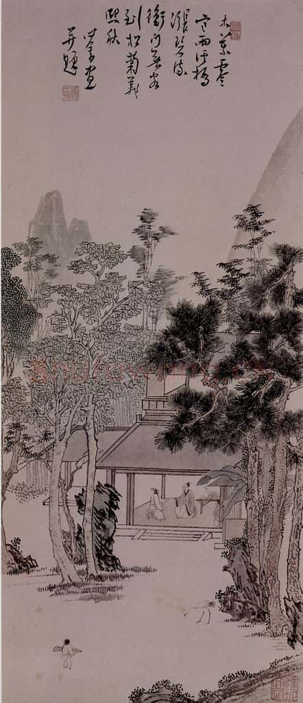 溥心畲《秋庭待客》书画作品