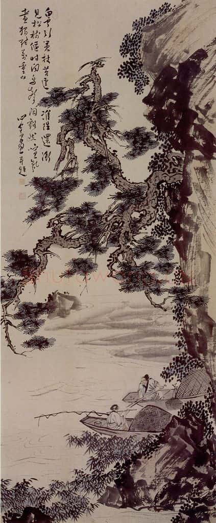 溥心畲《鸟闲松偃》书画作品