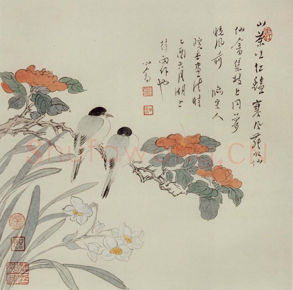 溥心畲《山茶水仙》书画作品