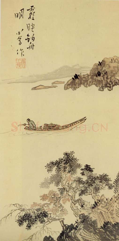  溥心畲《霞映钓舟明》书画作品
