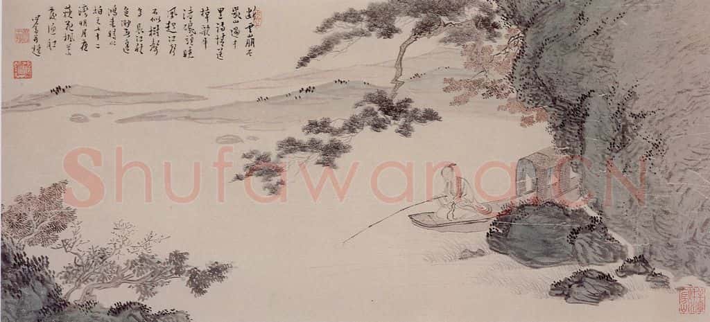  溥心畲《秋江晚钓》书画作品