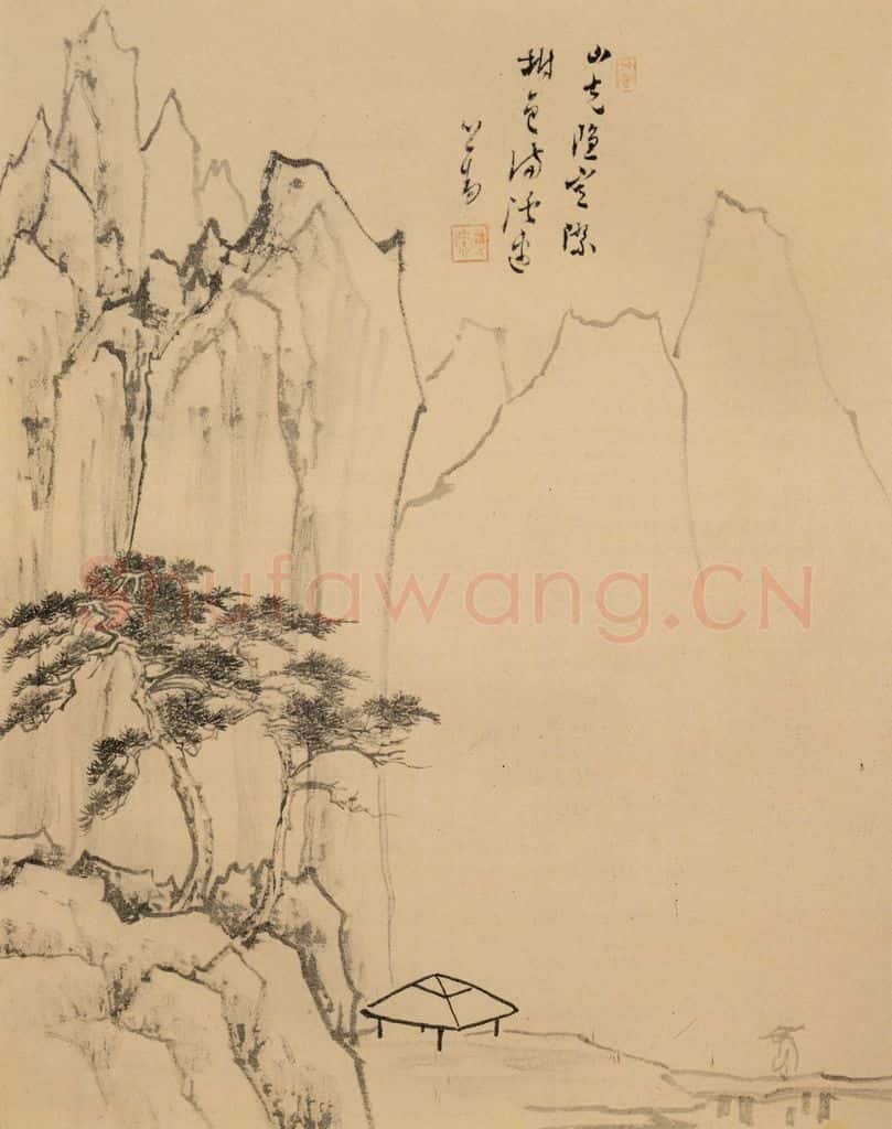 溥心畲《树色山光》书画作品