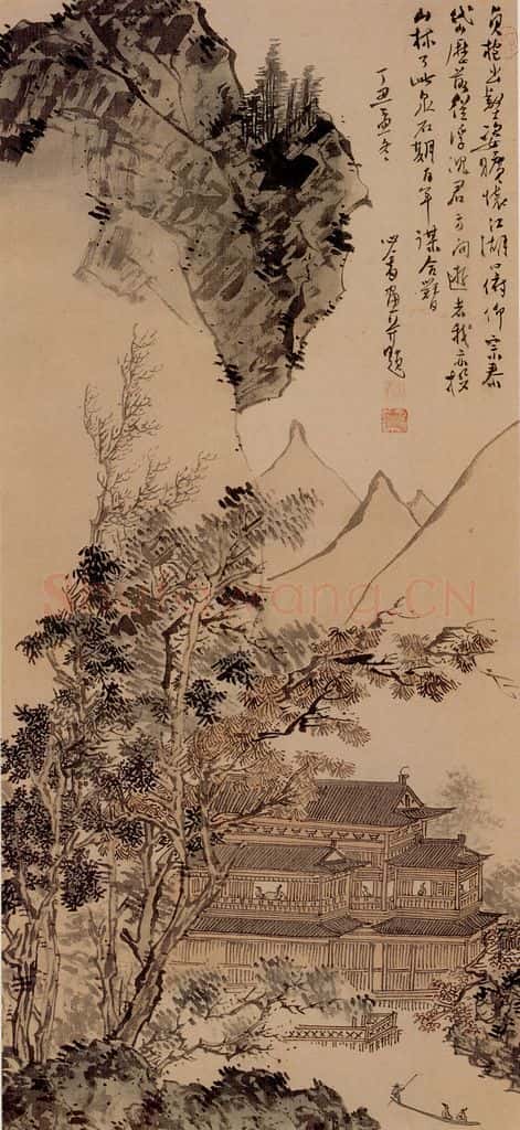 1937年 溥心畲《水榭秋山》书画作品