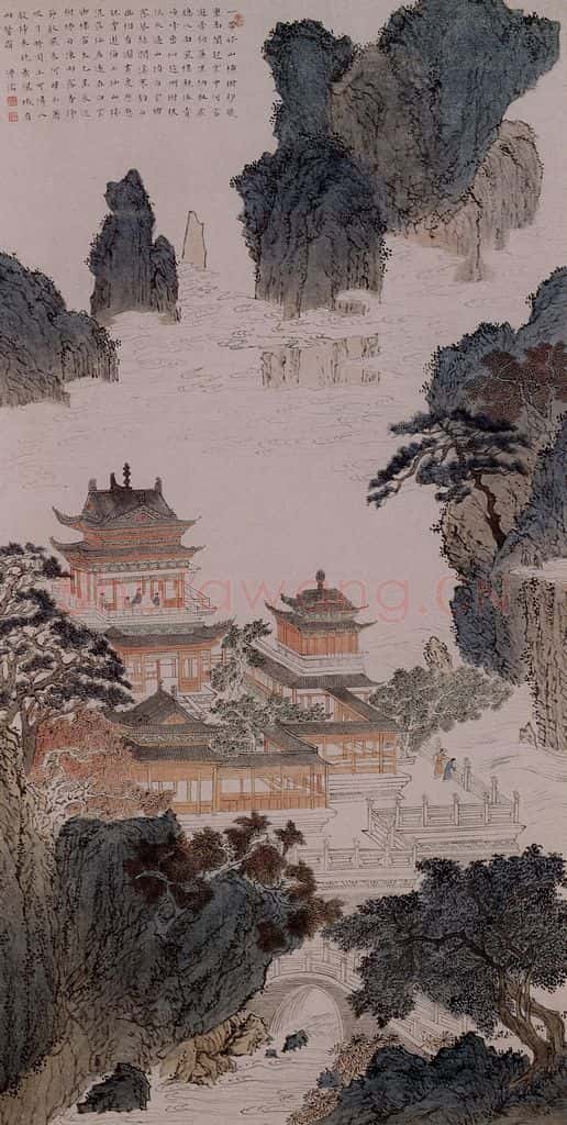  溥心畲《高山台阁图》书画作品