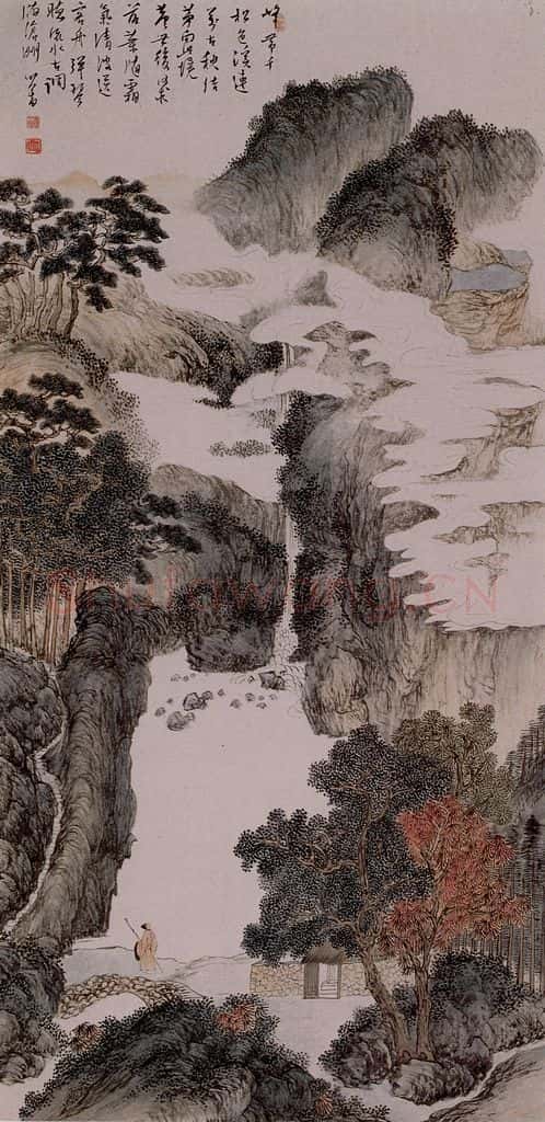 溥心畲《策仗观瀑图》书画作品