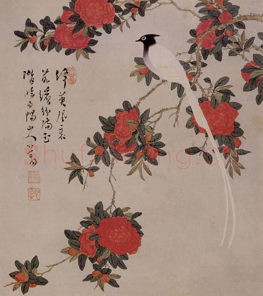 溥心畲《鹇玉榴红》书画作品