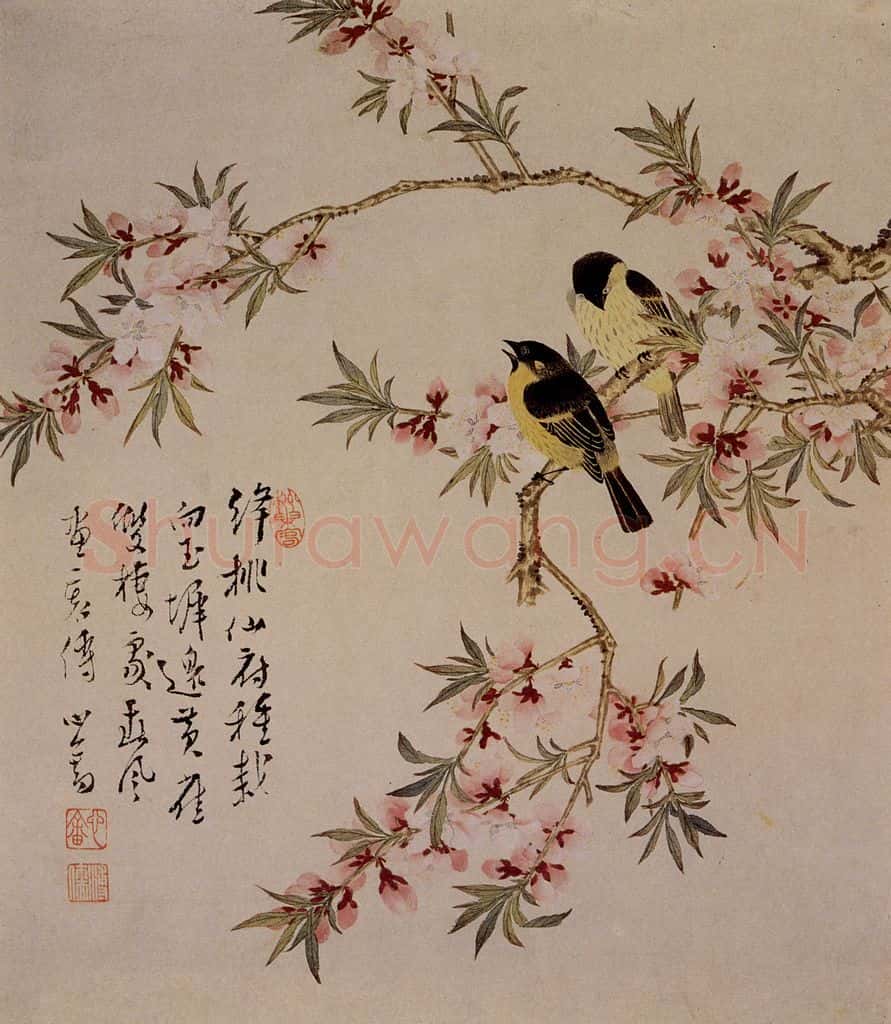  溥心畲《绛桃黄雀》书画作品