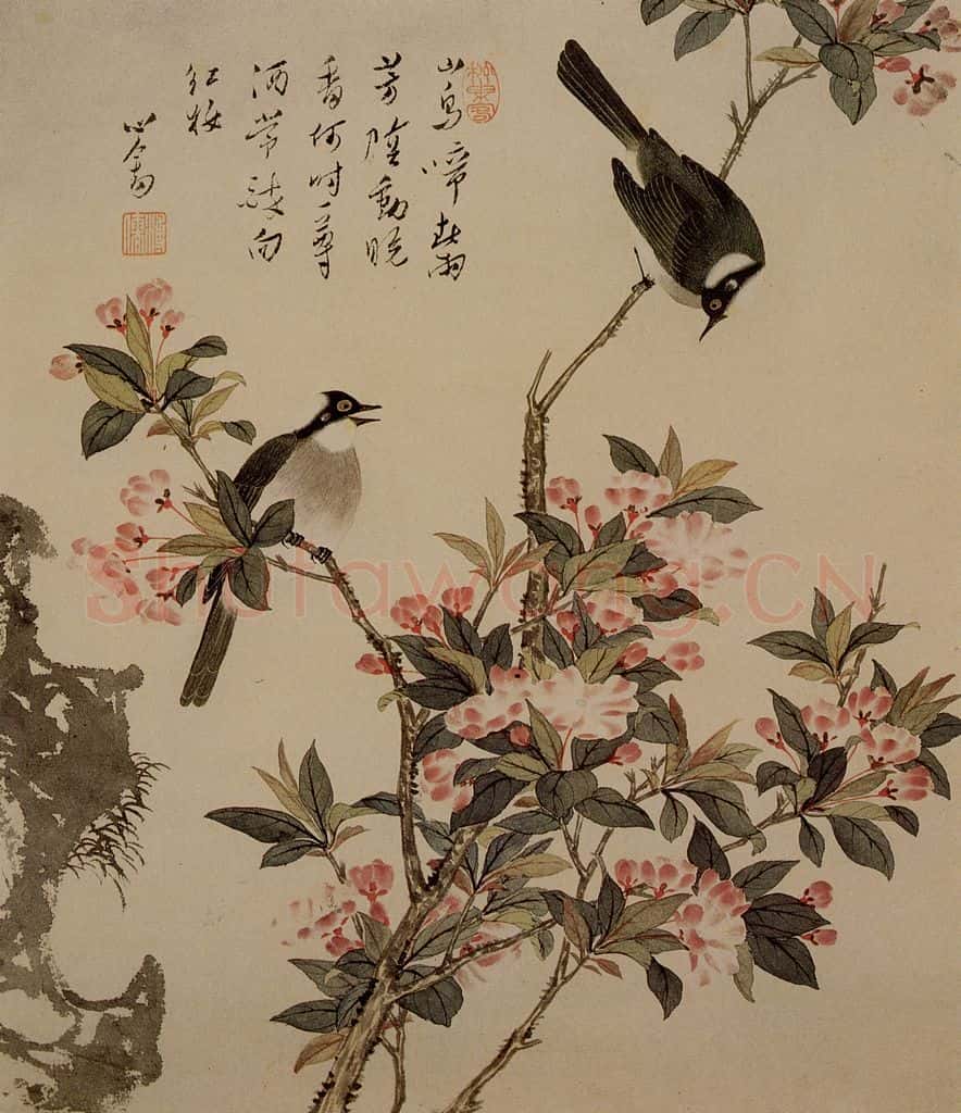 溥心畲《山鸟啼春》书画作品