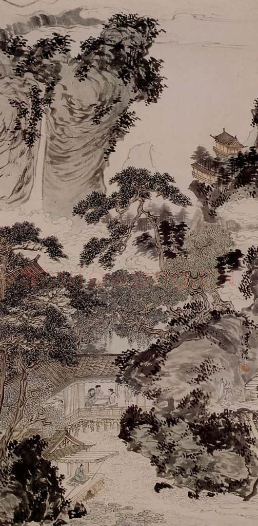 溥心畲《凉榭对弈图》书画作品