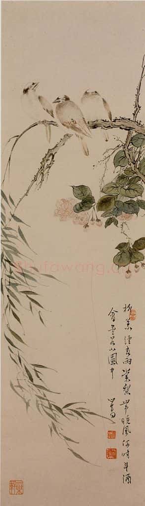 溥心畲《柳枝白头》书画作品