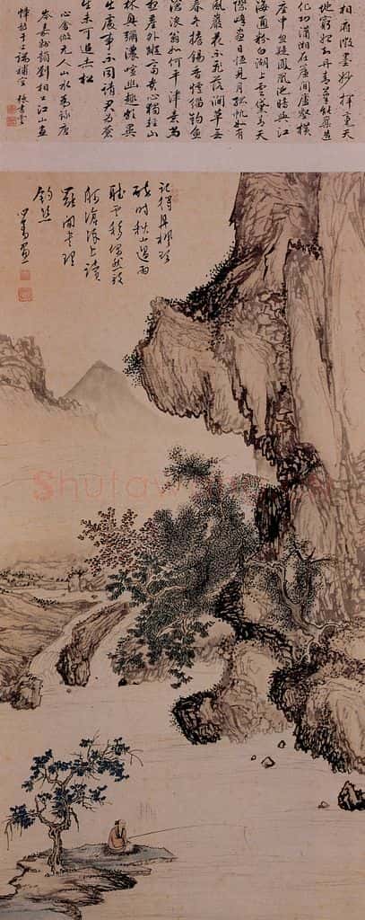 溥心畲《丹枫闲钓》书画作品
