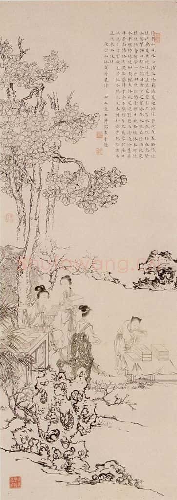 溥心畲《才女识经图》书画作品