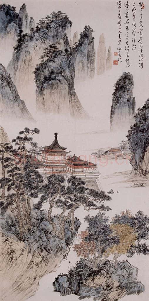  溥心畲《巨峰琼楼图》书画作品