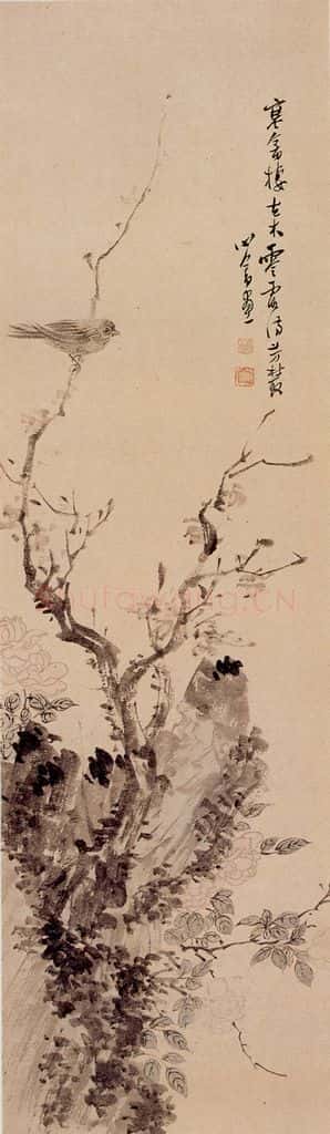 溥心畲《古木寒禽》书画作品