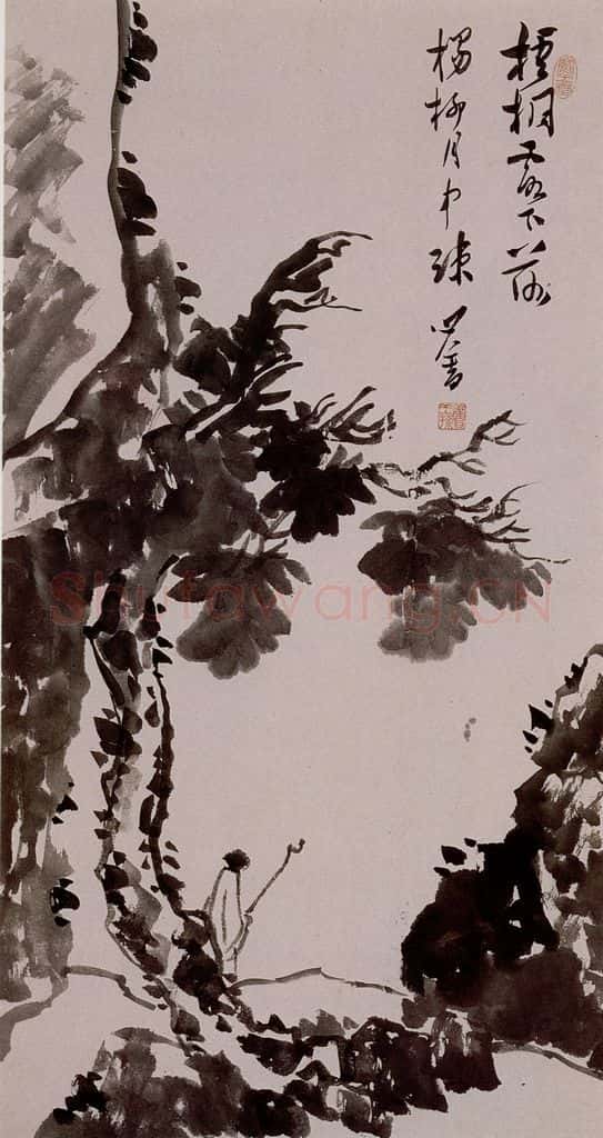 溥心畲《梧桐霞落》书画作品