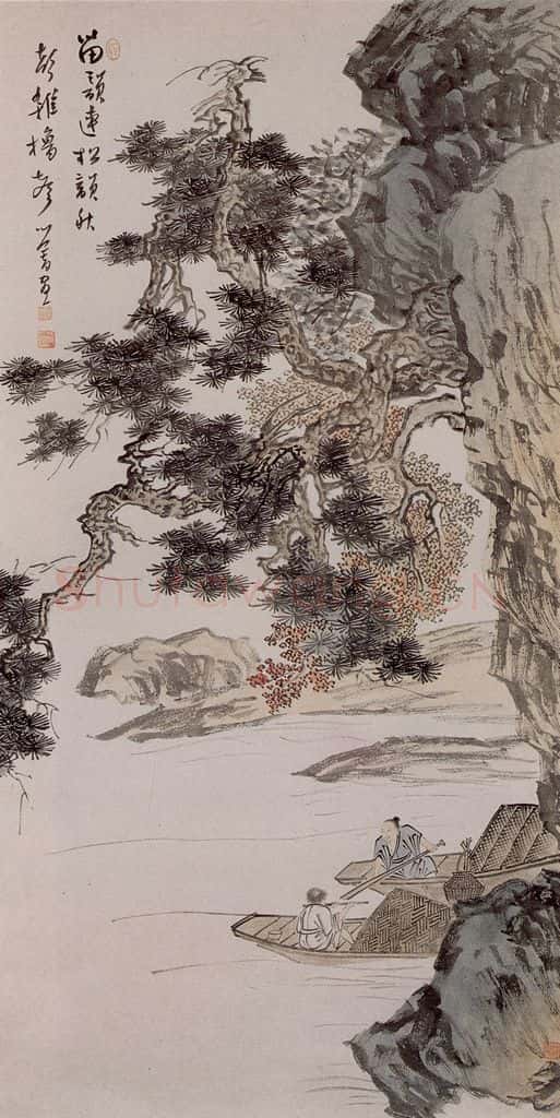 溥心畲《松下闻笛》书画作品