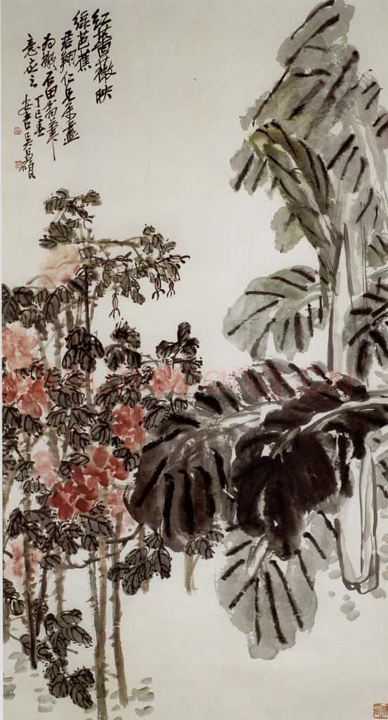 民国 吴昌硕《蔷薇芭蕉》书画作品