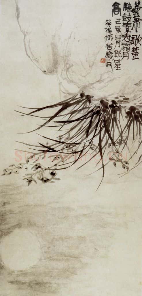 清 吴昌硕《兰花霜月》书画作品
