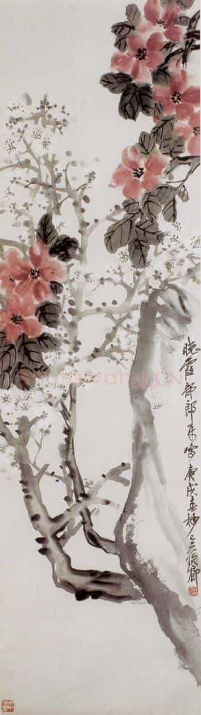 清 吴昌硕《山茶白梅》书画作品