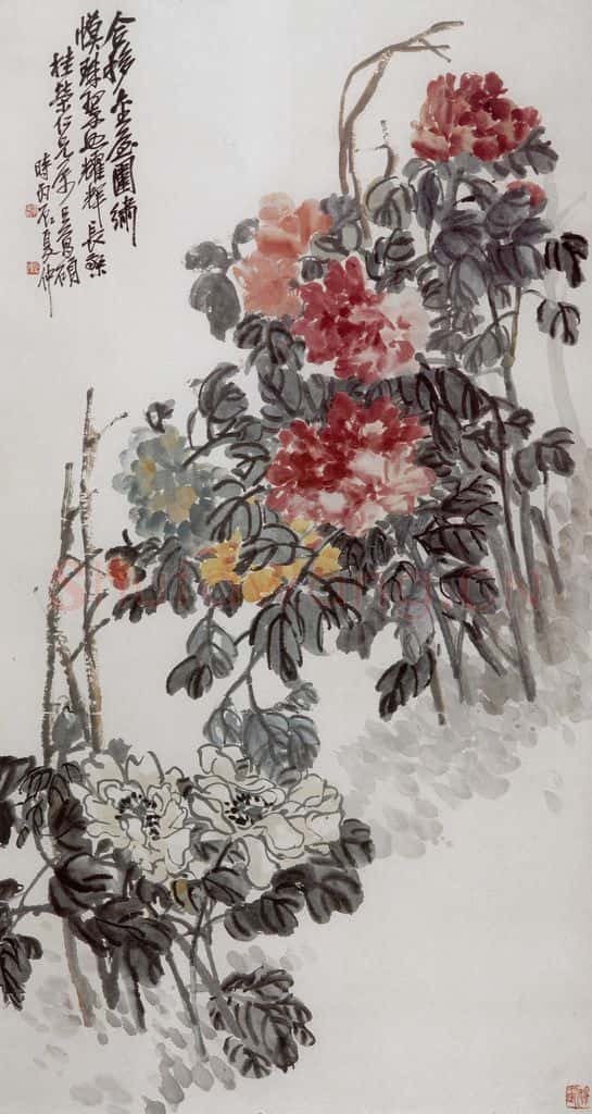 民国 吴昌硕《五色牡丹》书画作品