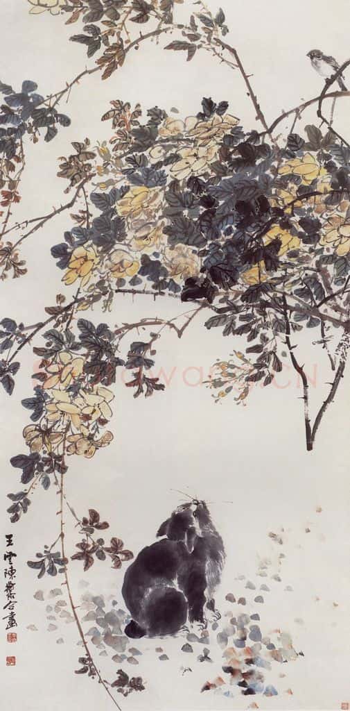 无纪年 陈师曾《猫雀蔷薇》书画作品