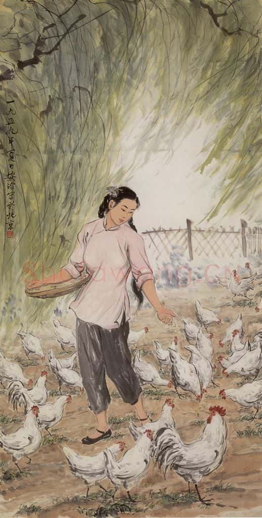 1959年 张安治 饲鸡图 书画作品