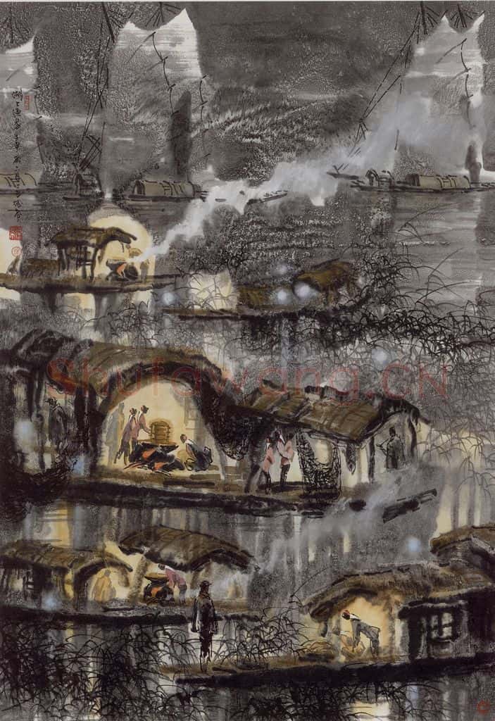 1992年 徐希《湖上渔家》书画作品