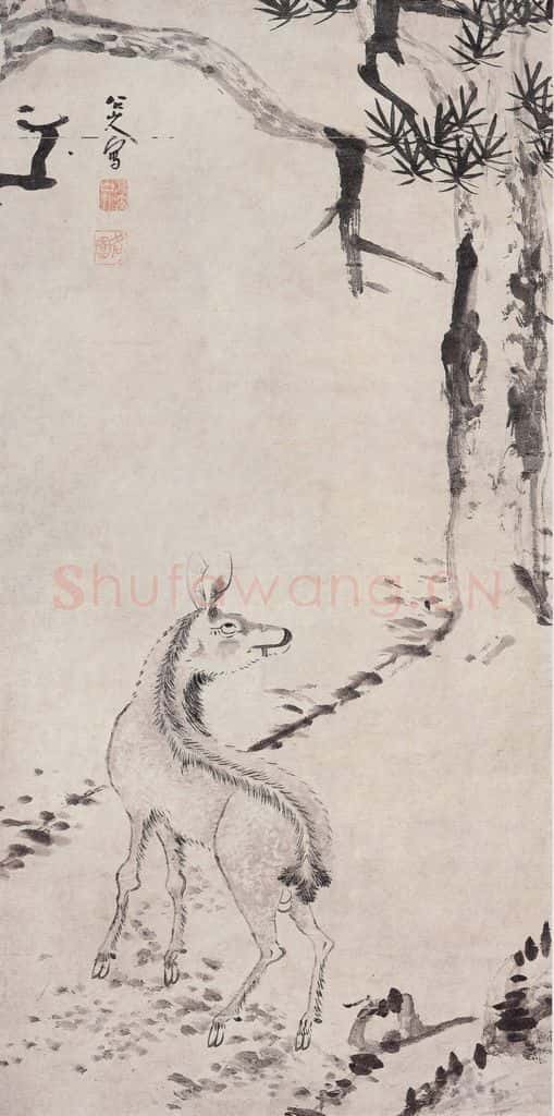清 朱耷《朱耷松鹿图轴》书画作品