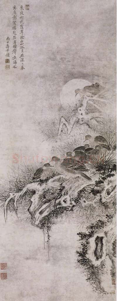清 恽寿平《恽寿平孤月群鸠图轴》书画作品