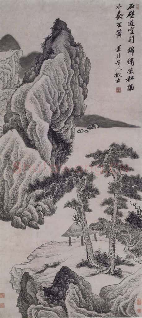 清 吴歴《吴歴石壁疏松图轴》书画作品