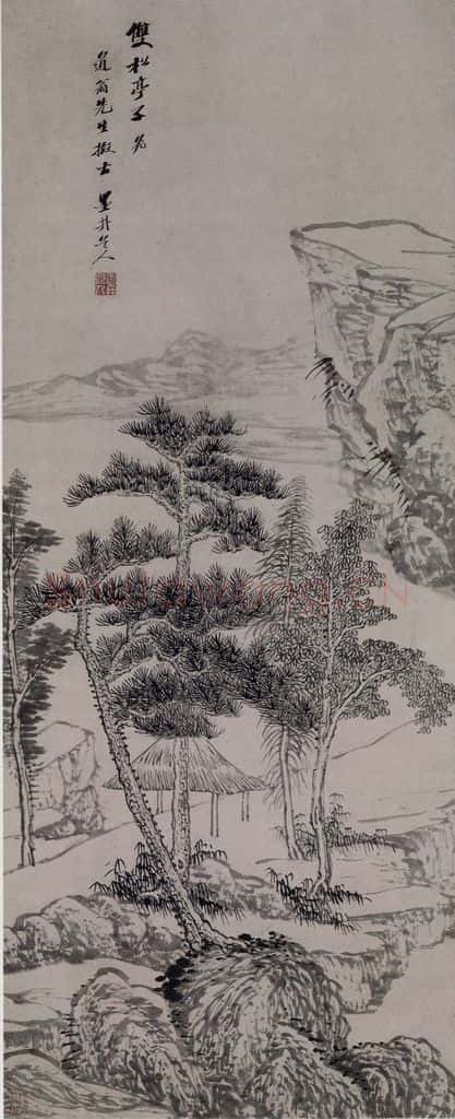 清 吴歴《吴歴双松亭子图轴》书画作品