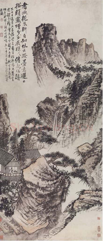 清 石涛《石涛松窗读易图轴》书画作品