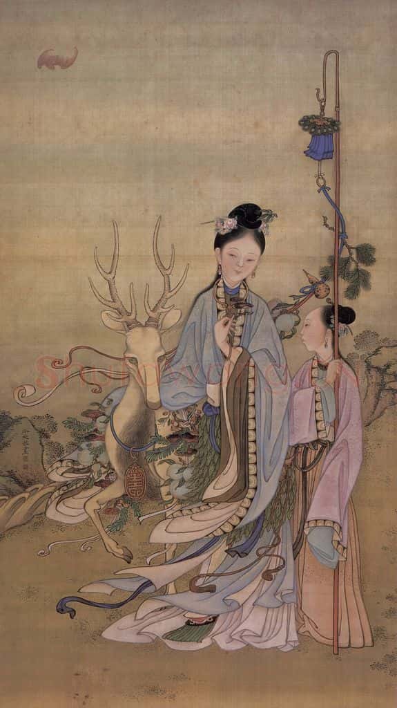 清 冷枚《冷枚美人献寿图轴》书画作品