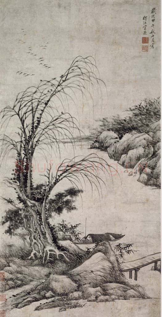 清 黄鼎《黄鼎平岡渔艇图轴》书画作品