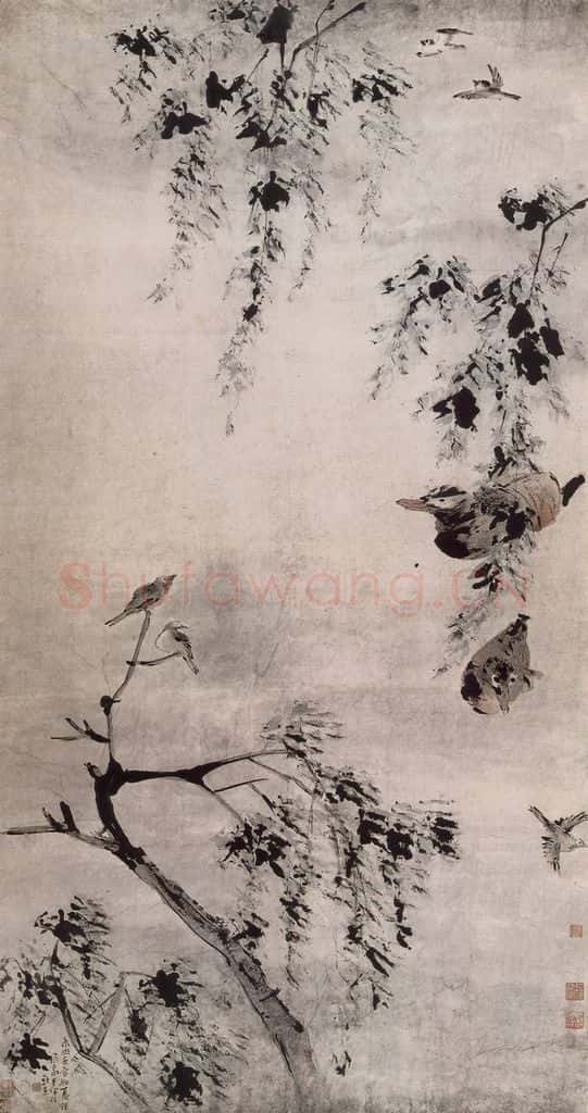 清 高其佩《高其佩柳塘鸳鸯图轴》书画作品