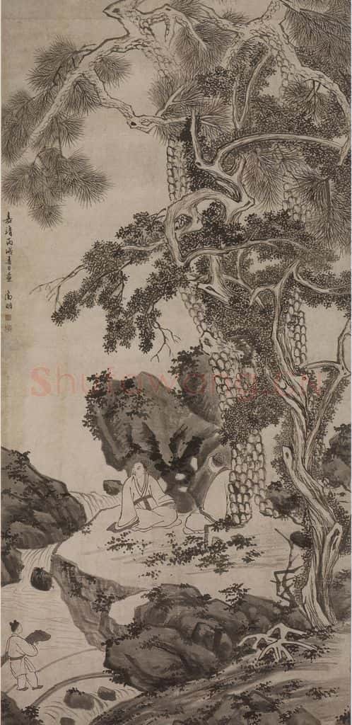 明 文徵明《文徵明携琴听泉图轴》书画作品